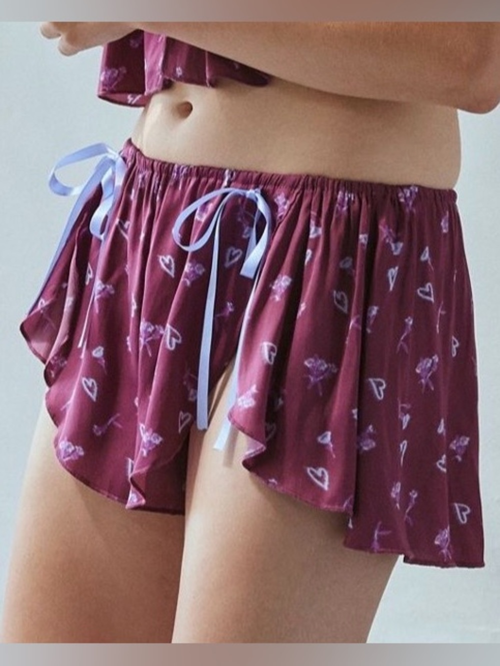 Out From Under Satin Micro Short - Women's Burgundy Heart and Floral Sleep Short